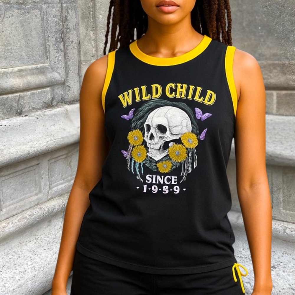 NEW No Boundaries Sleeveless Black T Shirt “Wild Child Since 1989” JRS SZ Large